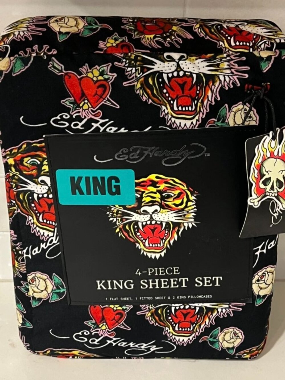 ED HARDY KING Sheet Set 4pc New Tattoo Y2K Grunge Black Tiger Stickers Roses NIP